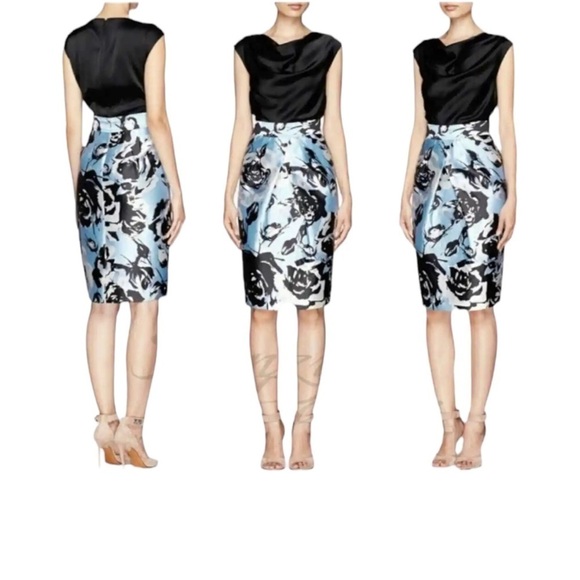 ST. JOHN Mikado Rose Blossom Floral Knee Length Shift Dress in Black/Blue Size 2 - Picture 1 of 7